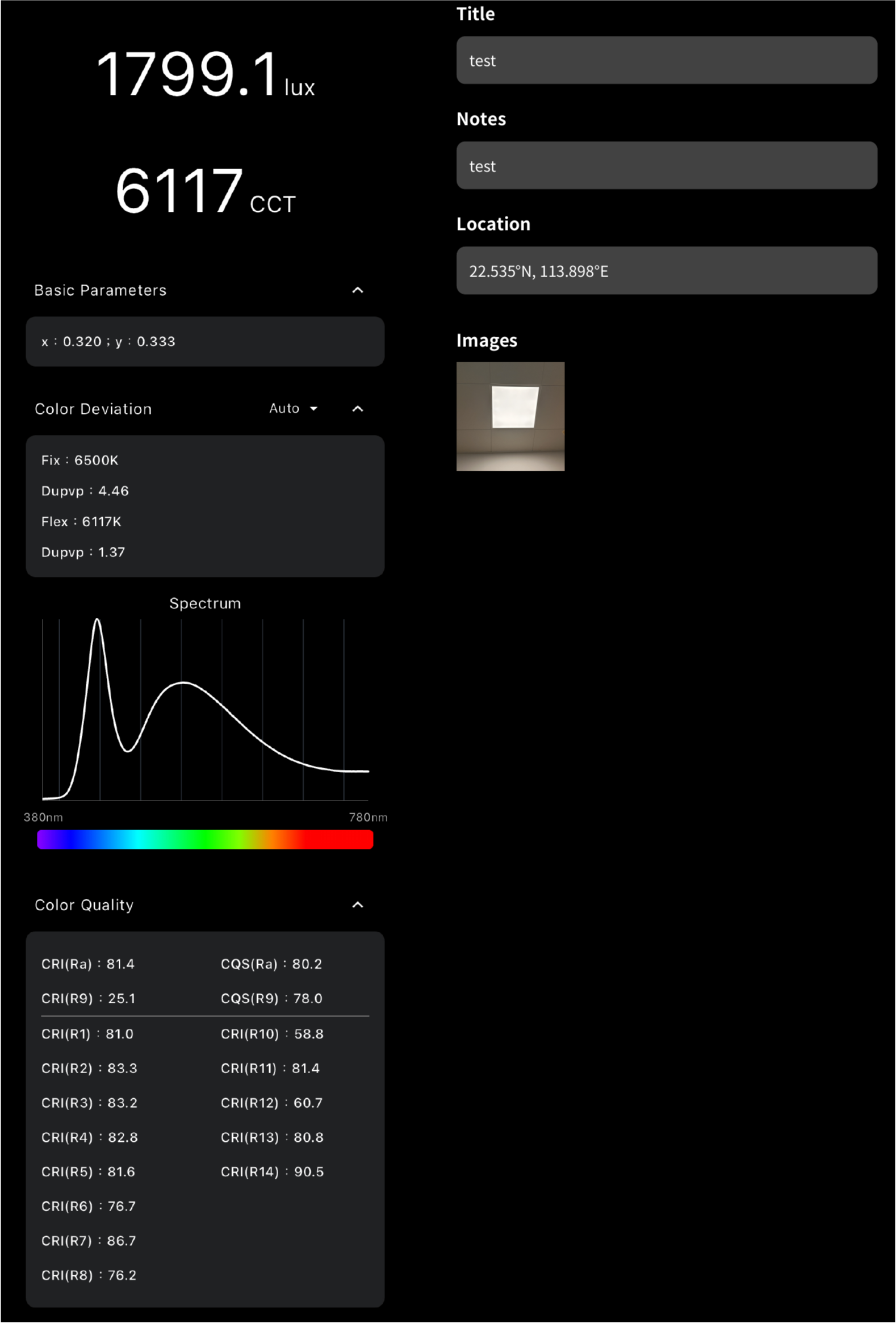 GM-100 measurement report showing illuminance, color temperature, spectrum and color quality readings